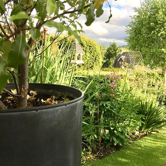 large-zinc-metal-planter-01 a large round garden planter in galvanised zinc metal planted with a large specimen tree