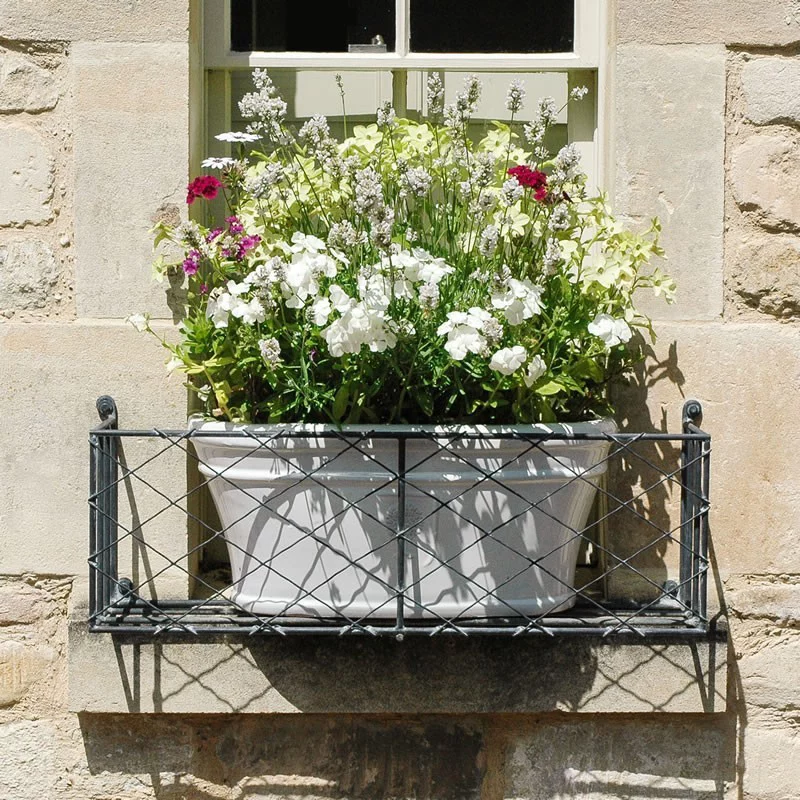 Wirework Window Box in aged zinc metal finish with ceramic planter